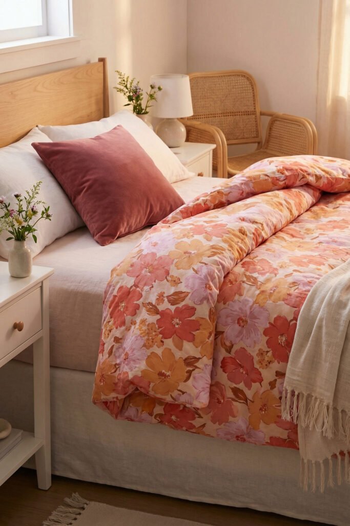 Spring Bedding Ideas for a Lighter, Fresher Bedroom 13 Warm bedroom with coral, peach, and lilac floral bedding, white linens, and cane furniture for inviting spring bedding inspiration.