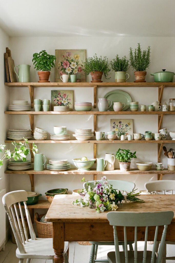 Vintage-style kitchen with floor-to-ceiling open shelving, green dishware, potted herbs, floral art, and a fresh bouquet on a rustic table for spring kitchen décor
