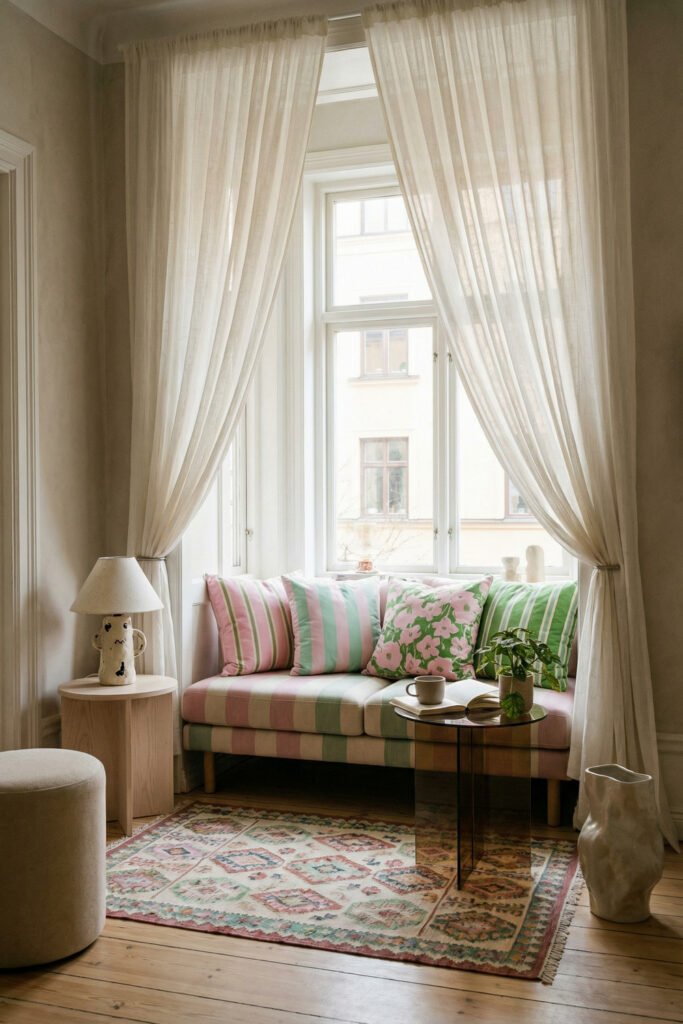 Window seat with pastel striped and floral cushions, sheer drapes, glass table, and patterned rug creates cozy spring living room décor.
