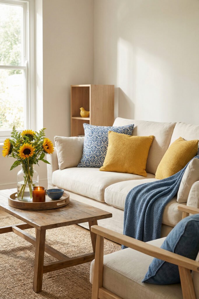 Close-up of a cream sofa with blue and yellow pillows, blue throw, sunflowers, and a rustic coffee table styled for summer.
