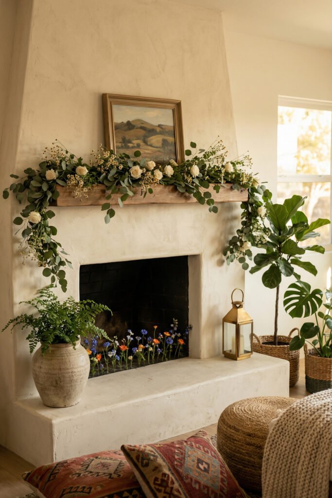 Rustic plaster fireplace with a wood beam mantle, eucalyptus and white rose garland, framed landscape art, lanterns, and potted plants for summer mantle décor.
