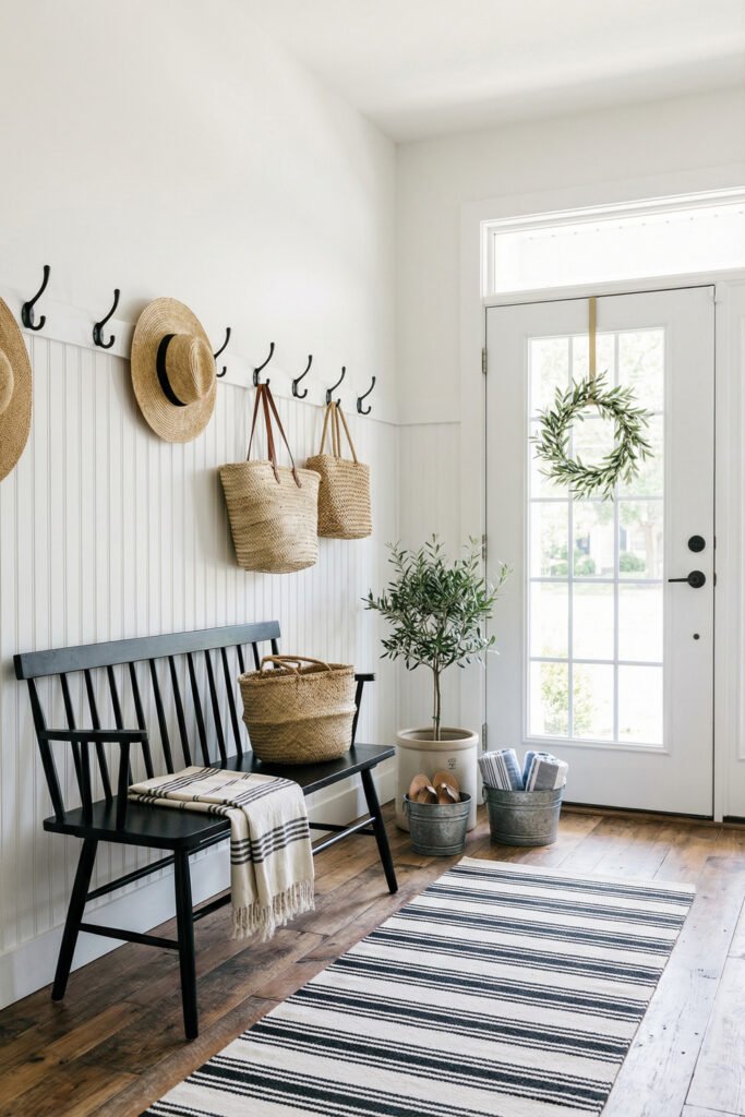 Bright mudroom entry with black bench, striped runner, straw hats, woven bags, olive tree, and simple wreath for fresh farmhouse summer decor.
