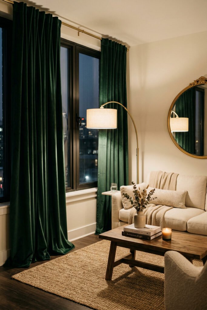 Green And Gold Room Ideas For A Stylish Living Room 20 Evening living room with emerald velvet curtains, gold floor lamp, round mirror, cream sofa, and warm candlelight for cozy Green And Gold Room Ideas.