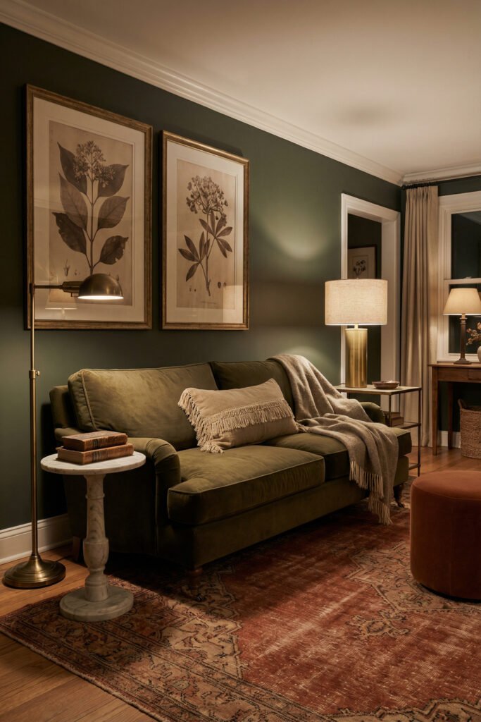 Moody green and rust living room with deep green walls, olive sofa, rust ottoman, brass lamps, marble side table, botanical art, and vintage rug.
