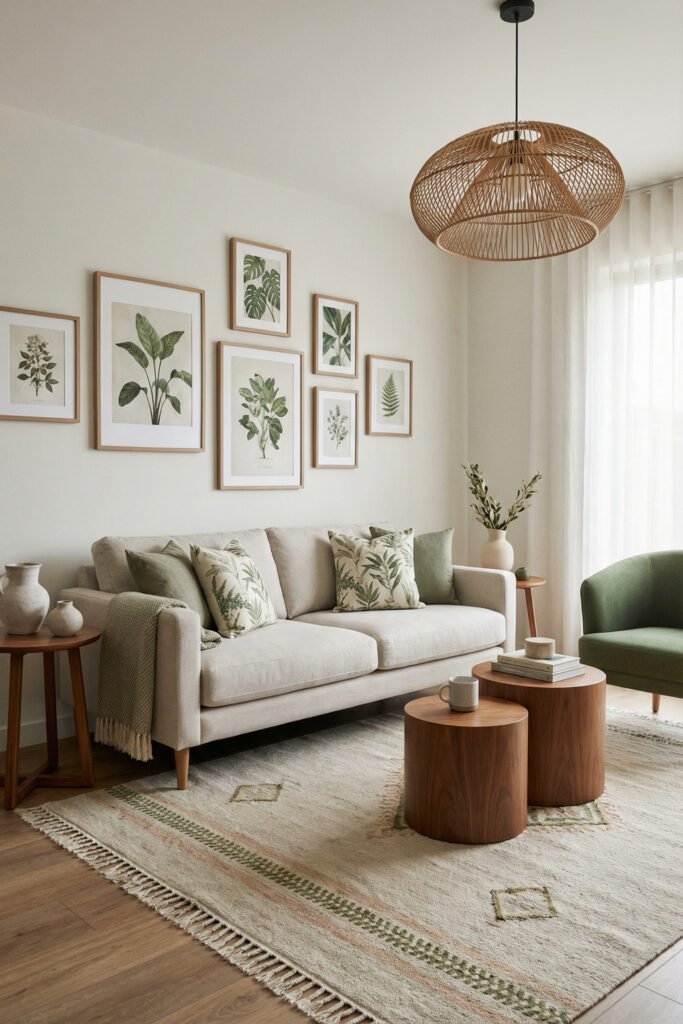 Green Boho Living Room Ideas With Relaxed Style 21 Airy Green Boho Living Room with cream sofa, botanical print gallery wall, green armchair, round wood nesting tables, pale rug, and rattan pendant.