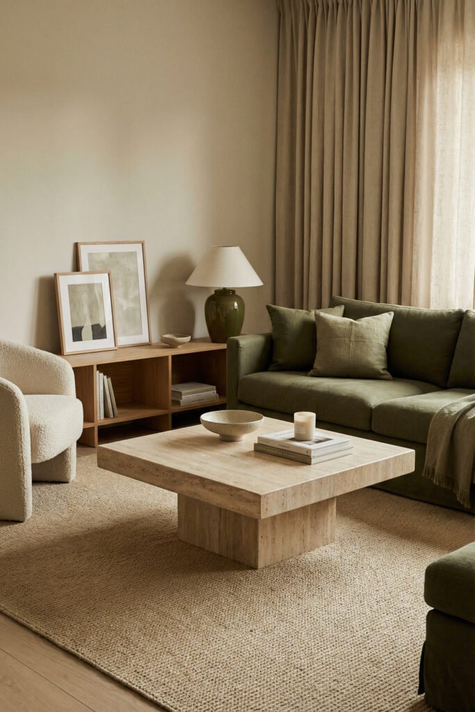 Olive Green Decor Ideas For A Layered Living Room 20 Warm living room with olive sofa, stone coffee table, boucle chair, wood console, and soft drapery for layered olive green decor.