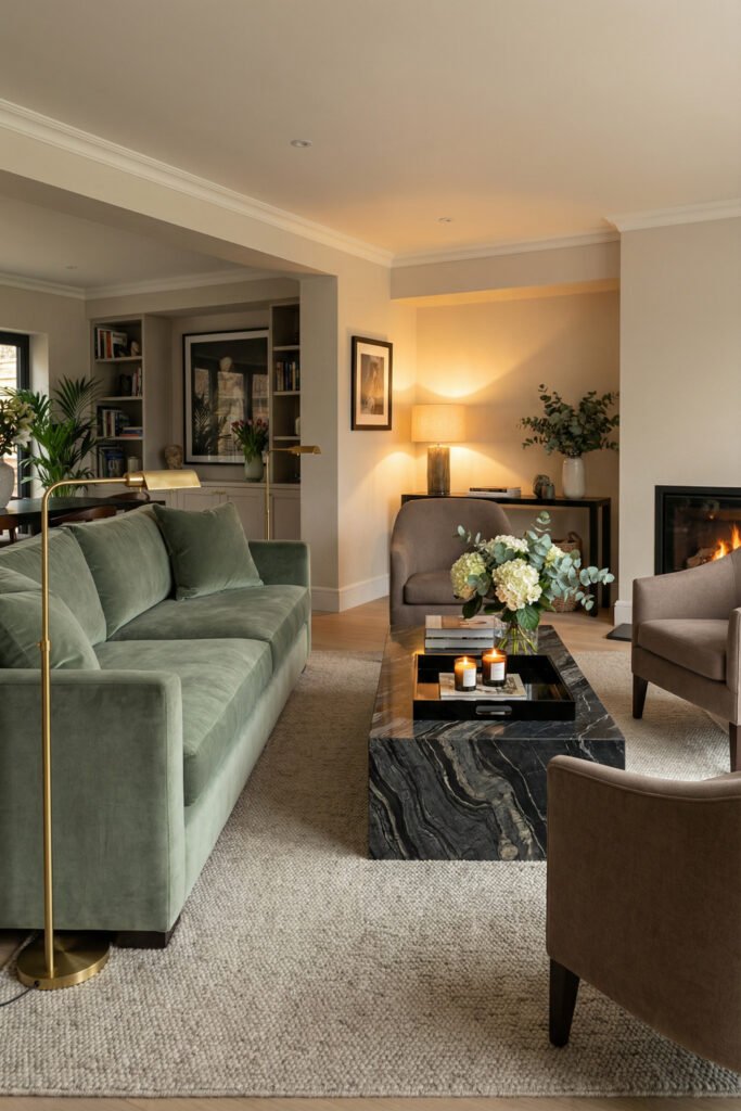 Sage Green And Black Living Room Ideas for a Layered Look 15 Spacious living room with sage green sofa, black marble coffee table, taupe accent chairs, fireplace glow, and soft layered neutrals.