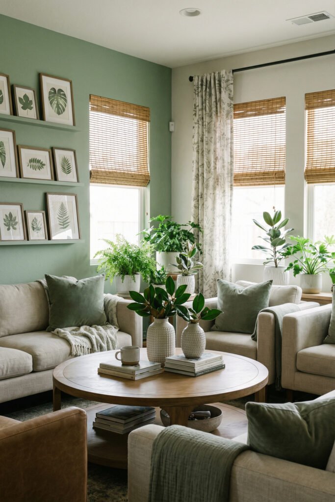 Sage Green Lounge Ideas for a Calm, Collected Living Room 20 Bright sage green sitting room with cream sofas, round wood coffee table, soft green pillows, botanical prints, and clusters of houseplants.