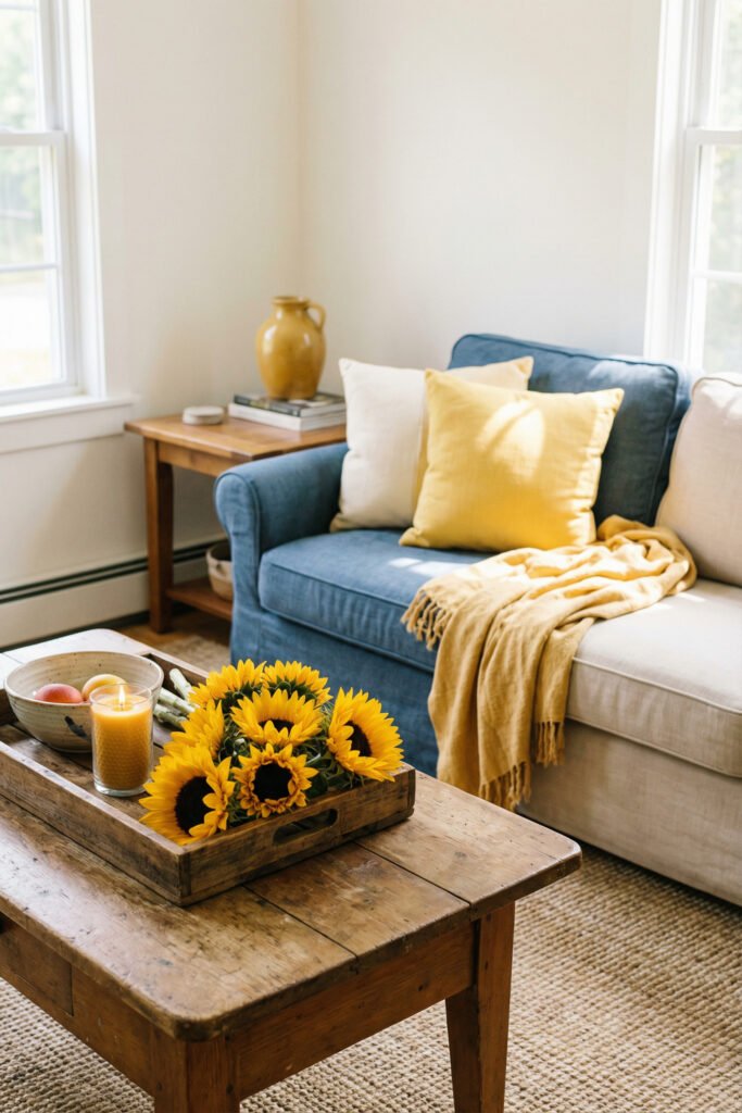 Blue and cream sectional with yellow pillows, sunflower tray, candle, and rustic wood coffee table in a cozy summer corner.
