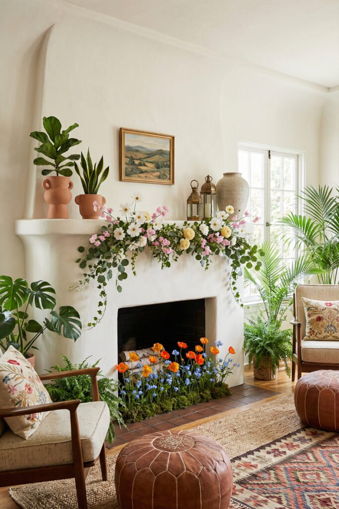 White plaster fireplace styled with terracotta planters, lanterns, a floral garland, and bright hearth blooms for colorful boho summer mantle décor inspiration.
