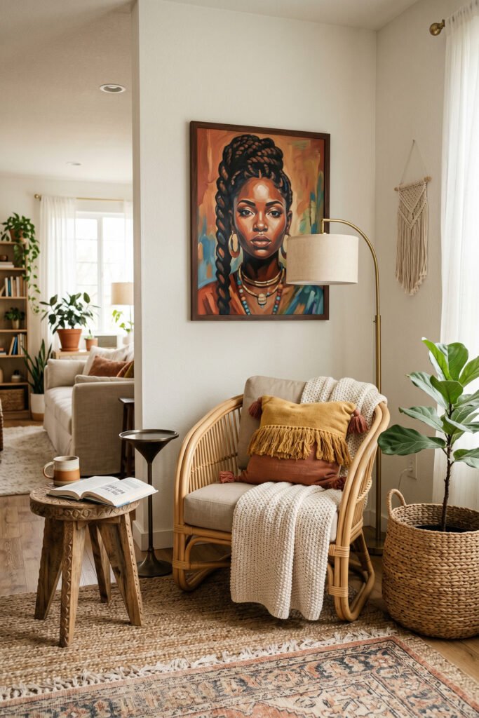 Cozy Afro Art reading nook with a framed portrait, rattan chair, brass floor lamp, carved stool, woven basket planter, and layered neutral textiles
