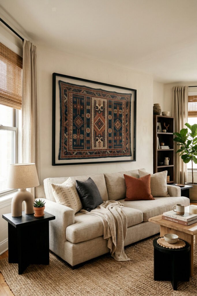 Cream sofa with rust and charcoal pillows, framed textile wall art, black side tables, and jute rug in a clean Afro Boho Decor living room.
