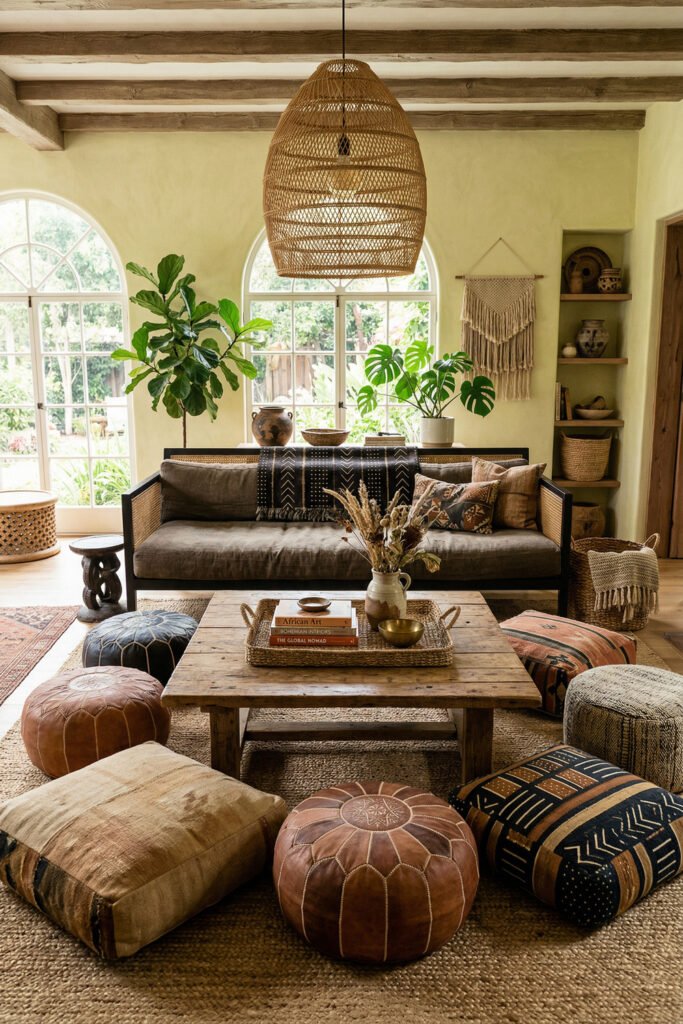 Layered living room with woven pendant, wood beams, sofa, leather poufs, patterned cushions, coffee table, plants, and arched windows.
