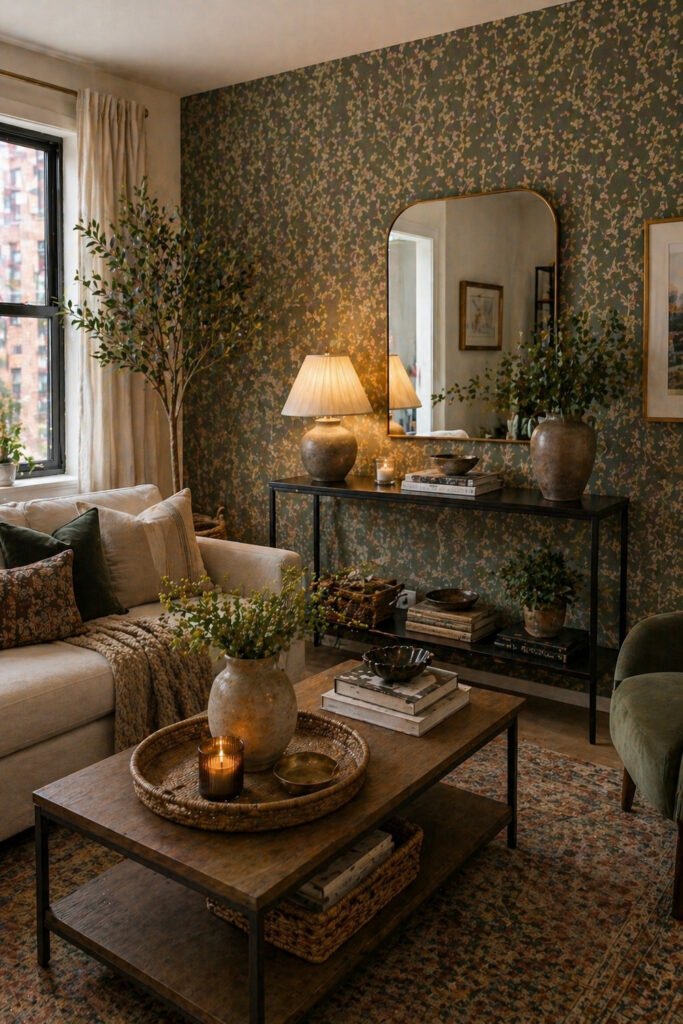 Botanical living room with floral wallpaper, sofa, mirror, console table, plants, and apartment vibes decor ideas
