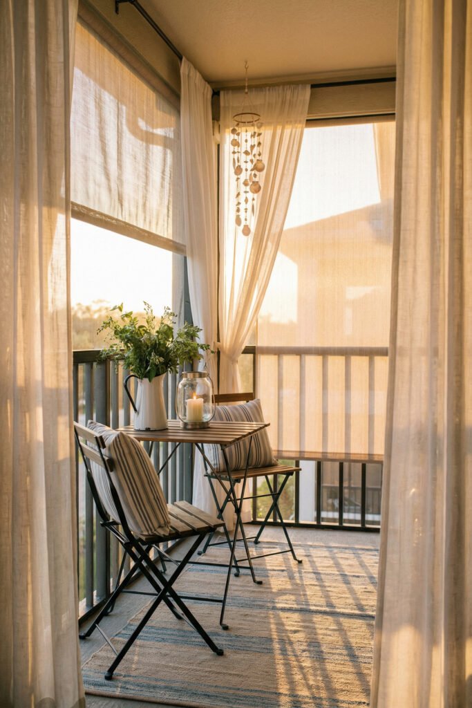 Beach Cottage Decor That Feels Fresh for Summer 14 Small balcony with sheer curtains, striped cushions, bistro table, candle lantern, and warm sunset light styled with airy beach cottage decor.