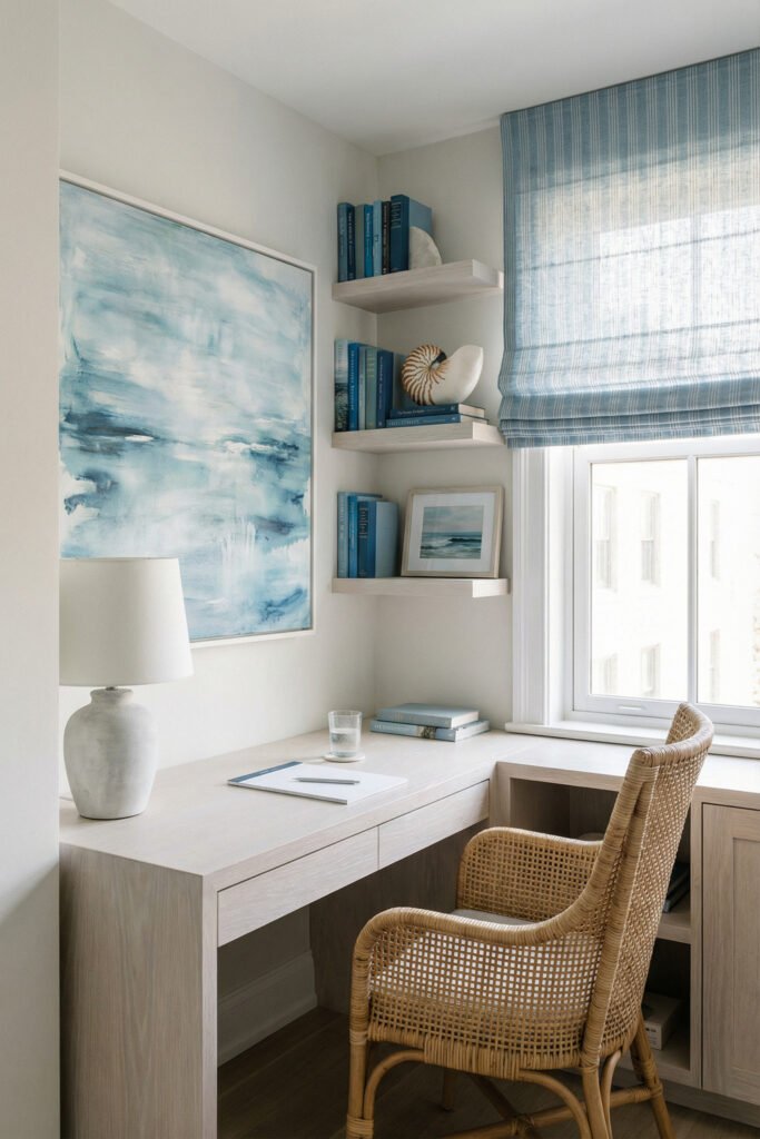 Coastal Summer Aesthetic Ideas for a Breezy Apartment 16 Light wood home office with cane chair, blue art, ocean-inspired shelves, and striped roman shade in a calm coastal summer aesthetic.