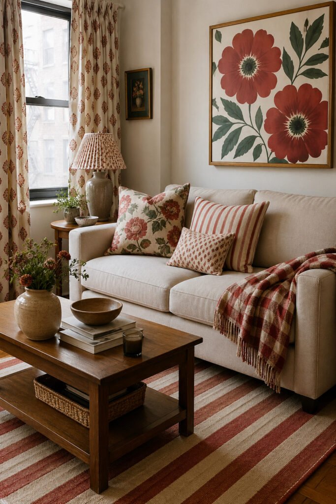 Cheerful living room with red floral art, patterned curtains, striped rug, floral pillows, and decor ideas with personality
