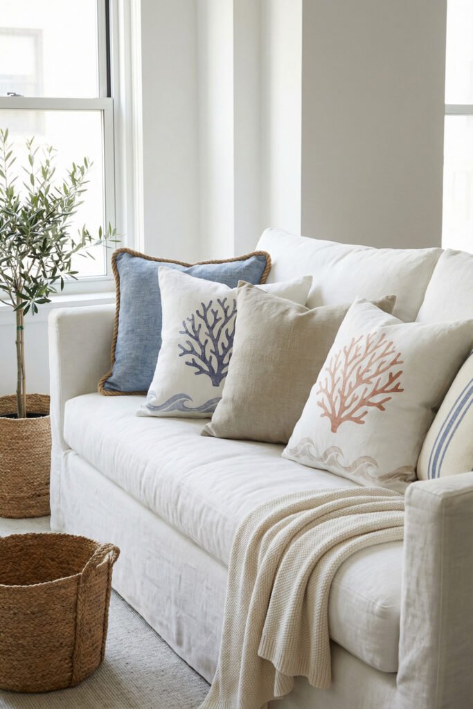 Diy Beach Decor That Feels Fresh for Summer 21 White sofa layered with coral-print and neutral pillows in soft blue and sand tones, relaxed DIY beach decor for a living room.