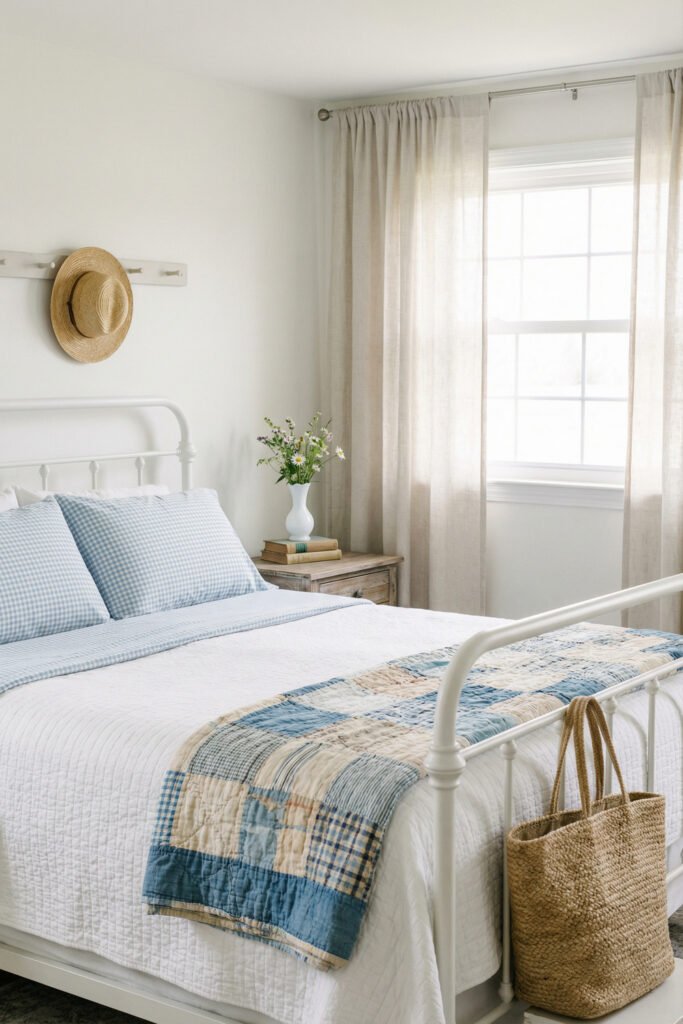 White iron bed with blue gingham bedding, patchwork quilt, linen curtains, rustic nightstand, and woven tote in a soft farmhouse summer decor bedroom.
