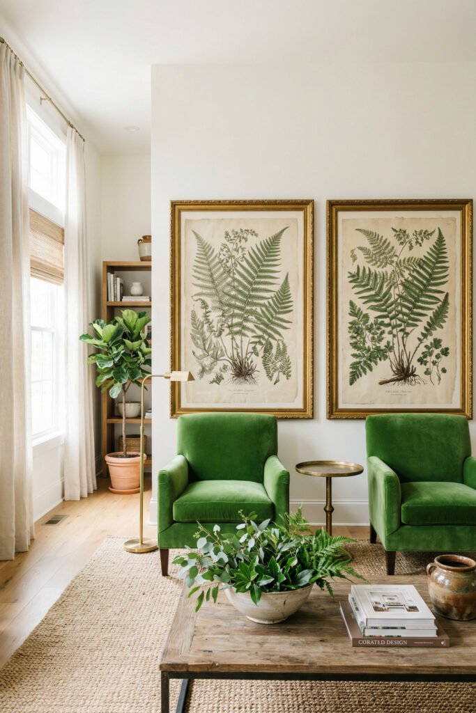 Green And Gold Room Ideas For A Stylish Living Room 21 Two bright green velvet chairs with brass side table, botanical wall art, wood coffee table, and neutral rug in a fresh living room.