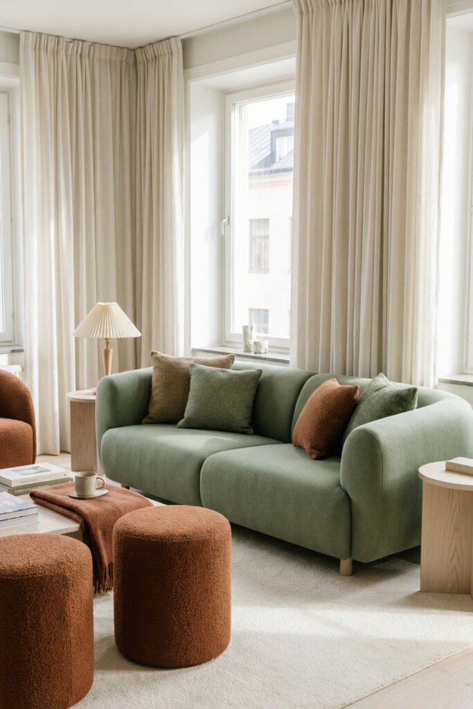 Airy Green And Rust Living Room with a pale sage curved sofa, rust boucle ottomans, cream curtains, light wood tables, and a soft neutral rug.
