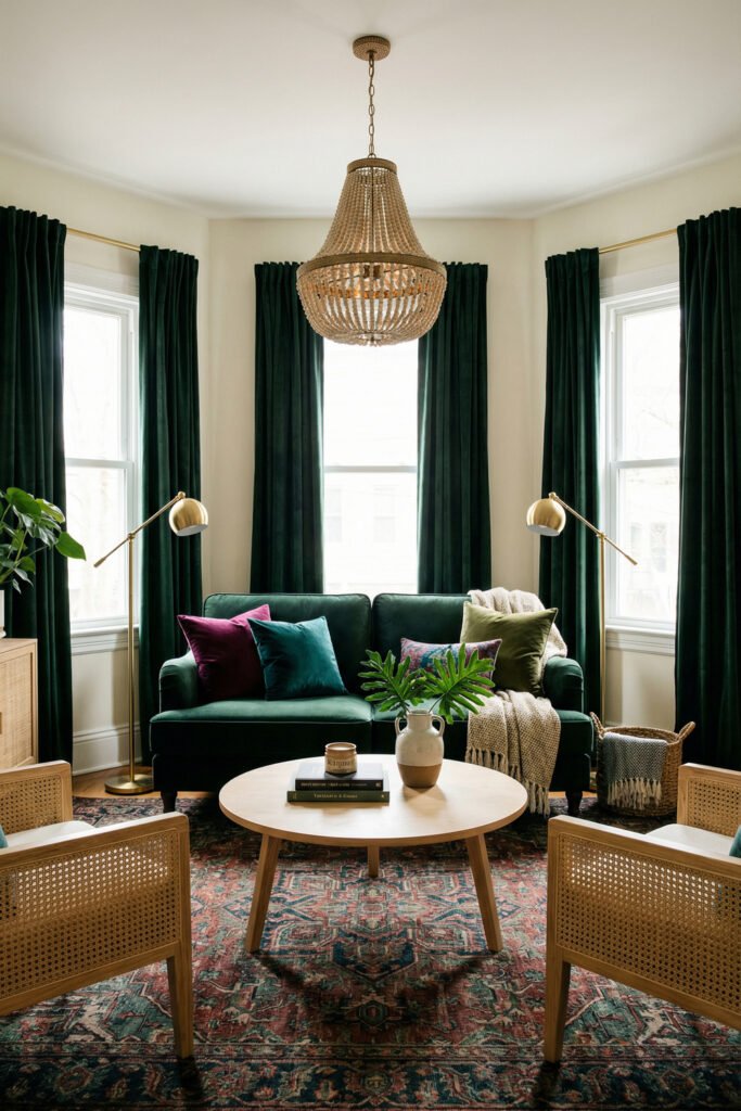 Green Boho Living Room Ideas With Relaxed Style 22 Moody Green Boho Living Room with emerald sofa, dark green curtains, jewel-tone pillows, brass lamps, cane chairs, and a colorful vintage rug.