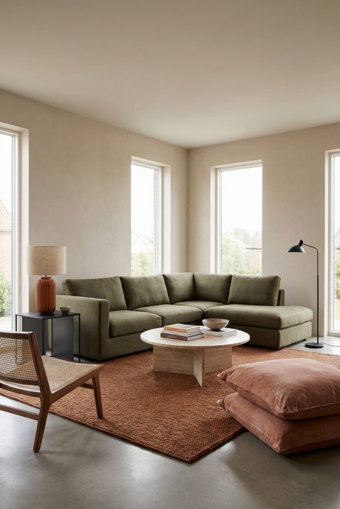 Green Burnt Orange Living Room Ideas With Rich, Easy Style 20 Olive sectional on a burnt orange rug with pale wood coffee table, black floor lamp and floor cushions in a minimalist Green Burnt Orange Living Room