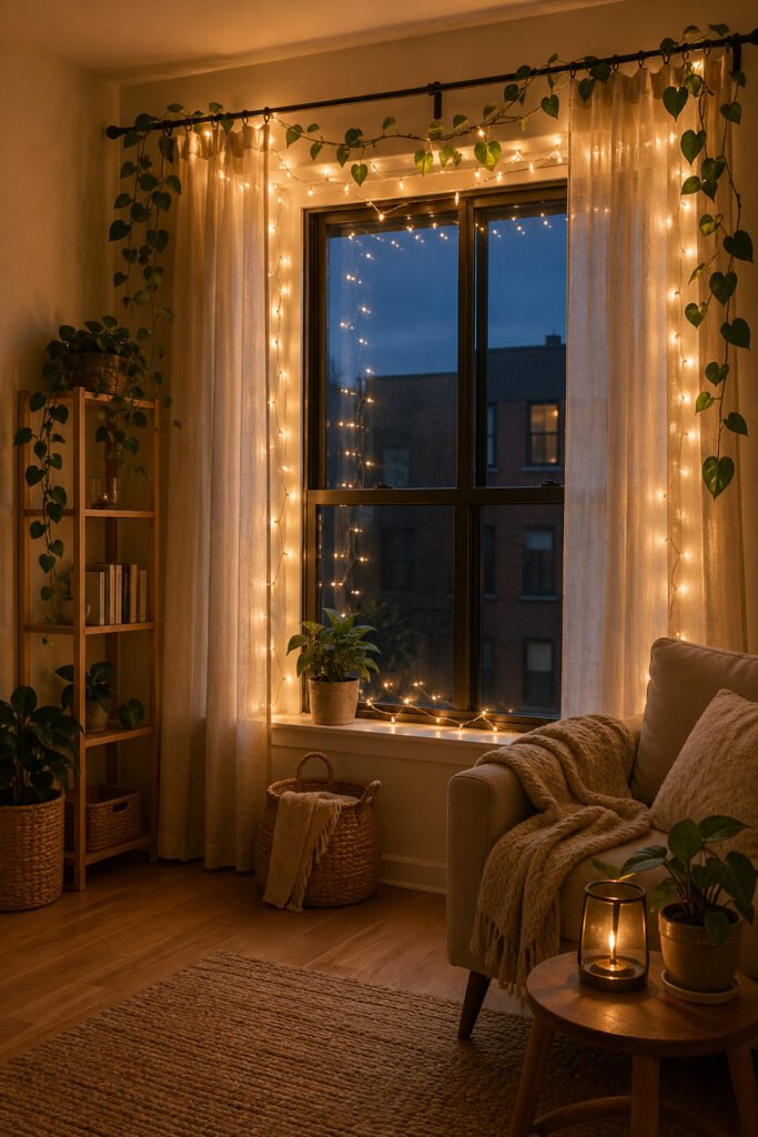 Window nook with sheer curtains, trailing plants, warm fairy lights, woven baskets, and cozy apartment seating.

