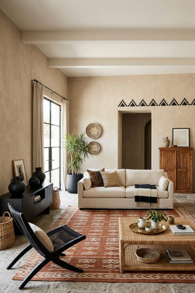 Neutral plaster living room with cream sofa, rust patterned rug, wicker coffee table, carved wood cabinet, and tribal border detail in Nubian Style.
