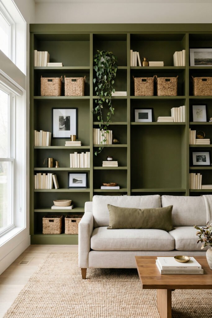 Olive Green Decor Ideas For A Layered Living Room 21 Deep olive built-in shelves with woven baskets, trailing plant, and cream sofa styled in a bright neutral living room.