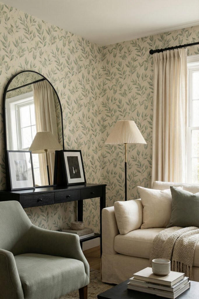 Sage Green And Black Living Room Ideas for a Layered Look 16 Pretty living room with leafy sage wallpaper, black console table, large mirror, cream sofa, sage chair, and pleated lamp for soft botanical style.
