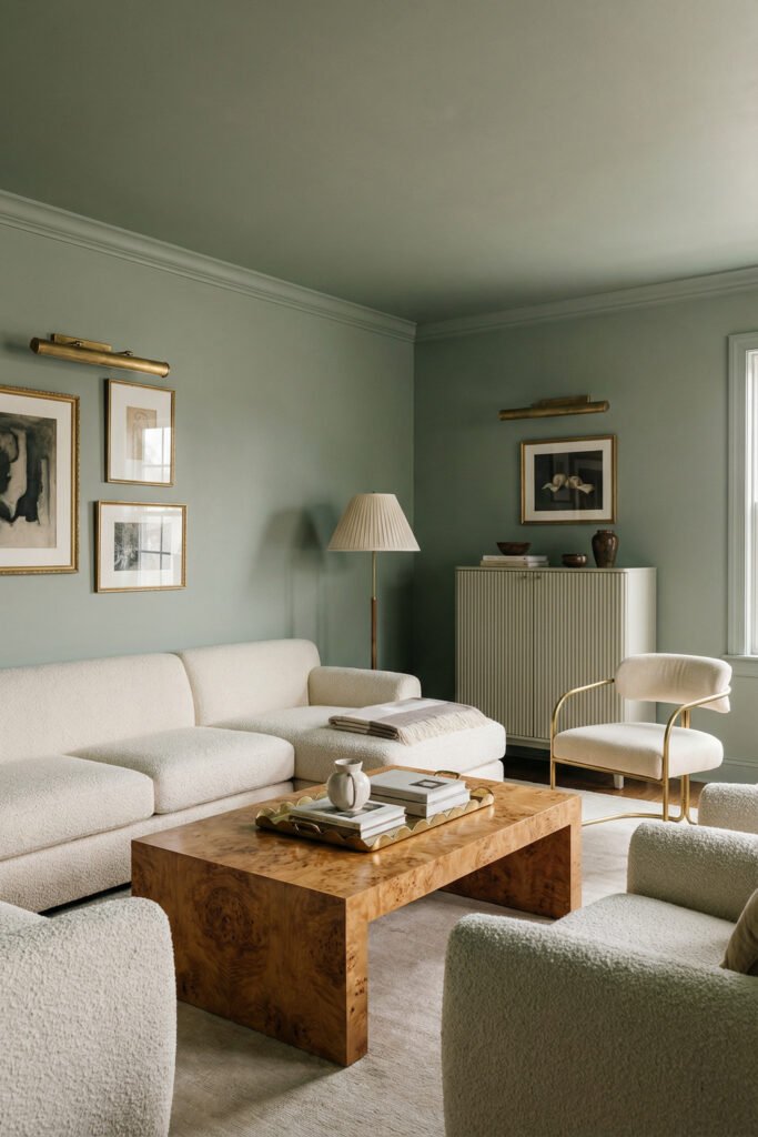 Sage Green Lounge Ideas for a Calm, Collected Living Room 21 Elegant lounge with sage walls, cream boucle sofa and chairs, burl wood coffee table, brass accents, and framed art in a tailored layout.