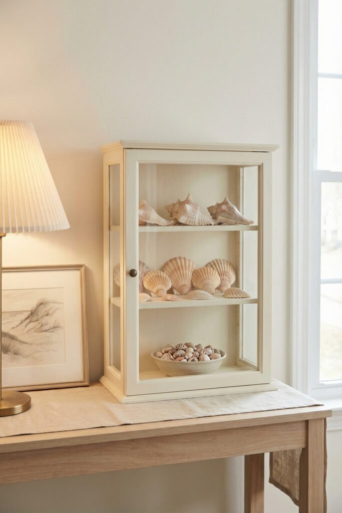 Cream glass-front cabinet styled with conch shells, scallops, and a bowl of small shells on a console table, creating a tidy seashell display.
