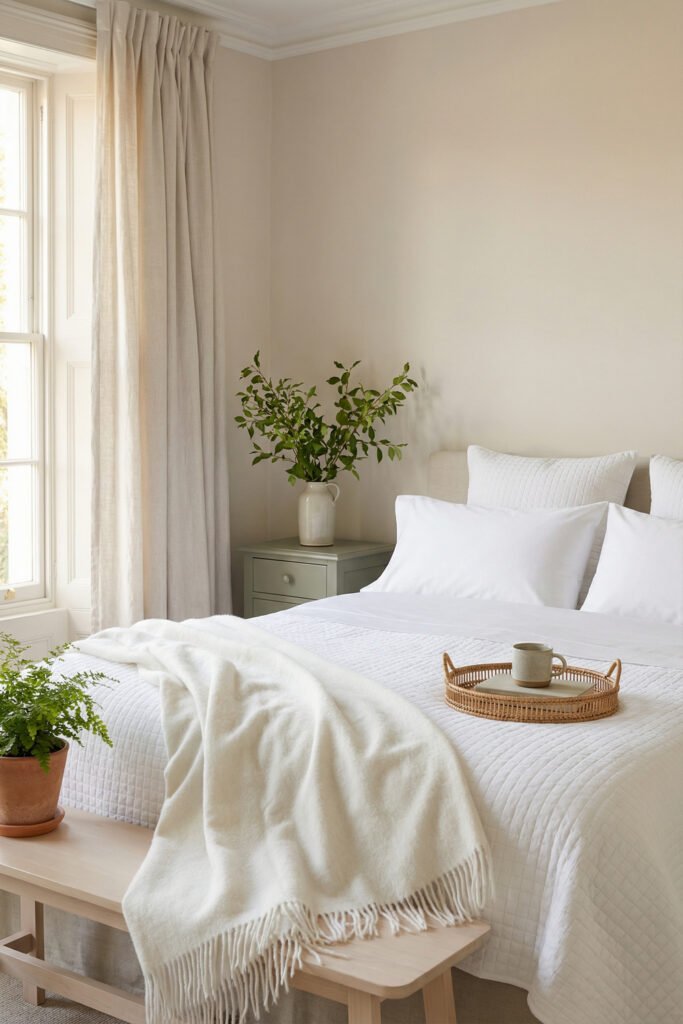 Spring Bedding Ideas for a Lighter, Fresher Bedroom 14 Minimal bedroom with crisp white quilted bedding, soft neutrals, greenery, and light wood accents for airy spring bedding style.