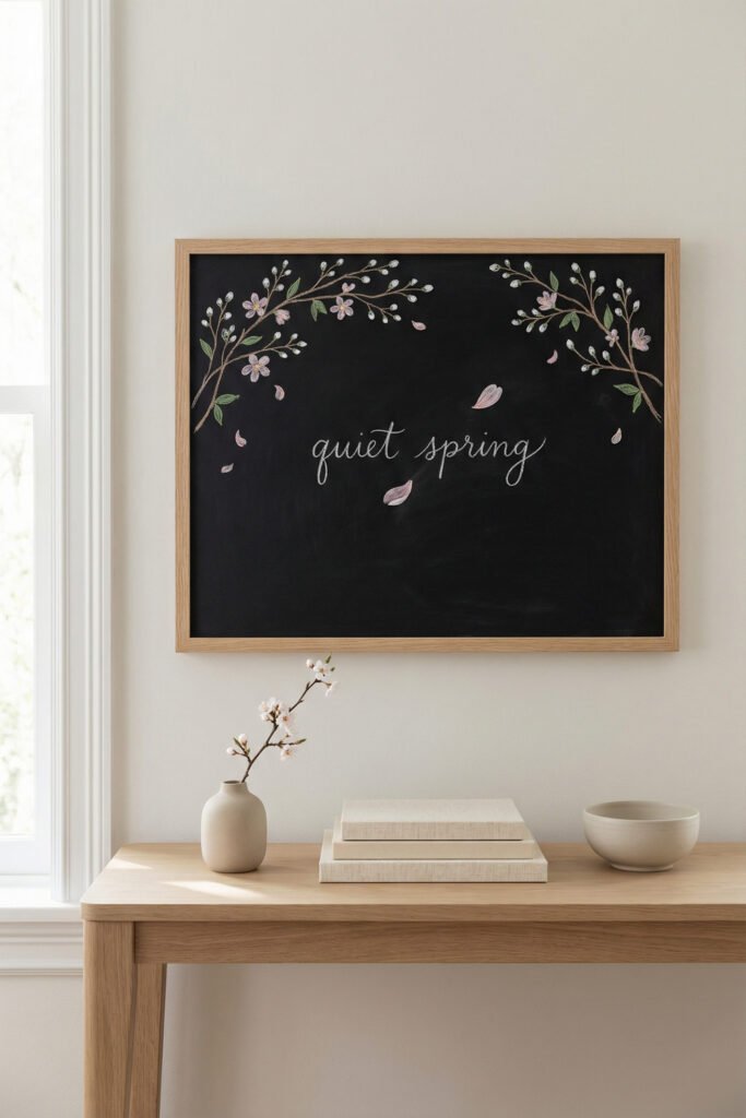 Spring Chalkboard Ideas That Feel Fresh and Easy to Style 13 Minimal framed chalkboard with blossoming branches, falling petals, and “quiet spring” lettering above a light wood console; calm spring chalkboard ideas.