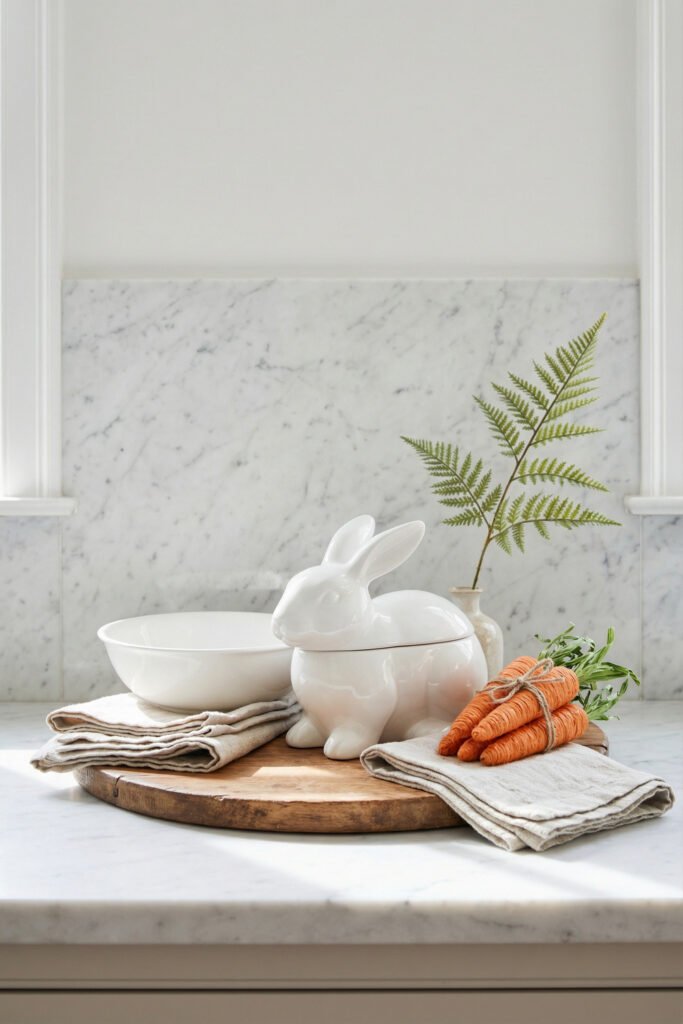 Marble countertop styled with a white ceramic bunny tureen, carrots, linen napkins, a white bowl, and a fern stem for understated spring kitchen décor
