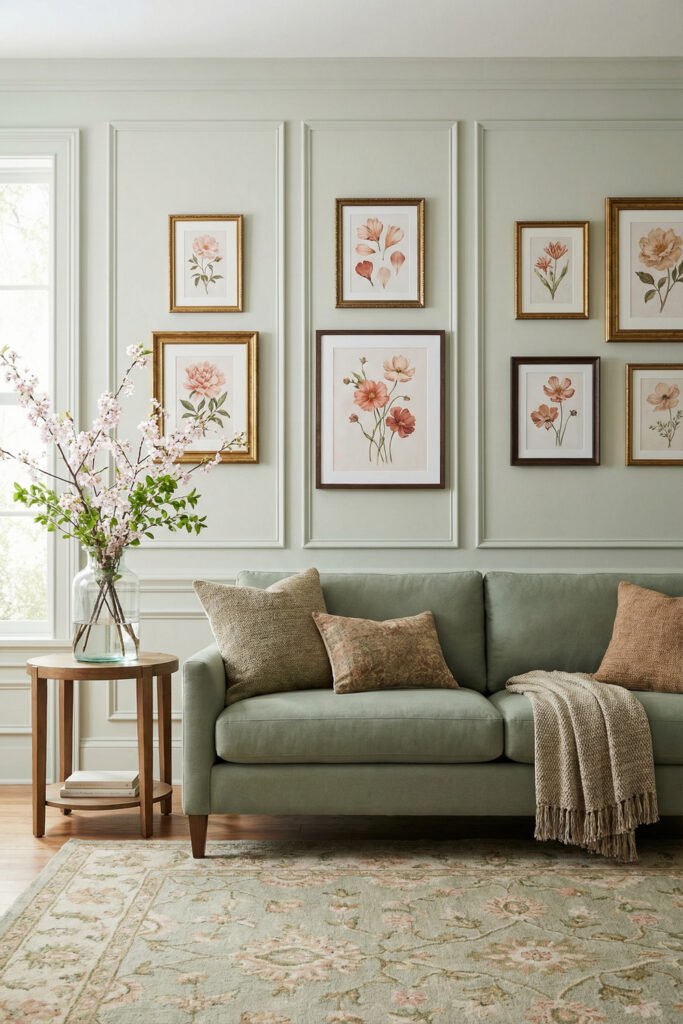 Sage green sofa beneath blush botanical artwork and paneled walls creates elegant spring living room décor with a soft vintage mood.
