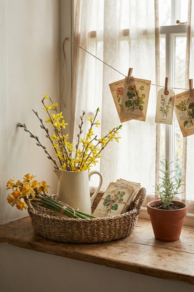 Spring Window Display Ideas For A Light-Filled Season 11 Rustic spring window display with daffodils, flowering branches, seed packets, and a rosemary plant styled on a wooden sill with a woven basket.