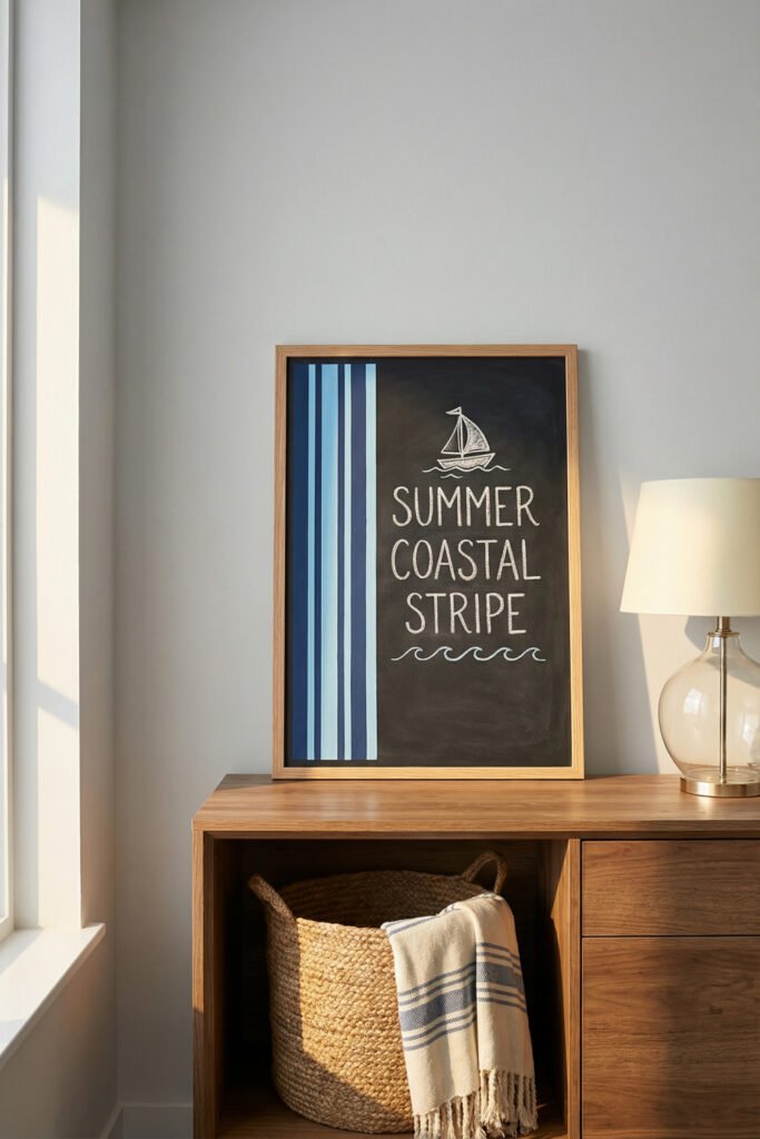 Summer Chalkboard Ideas That Brighten Every Corner 18 Minimal framed chalkboard reading Summer Coastal Stripe with blue painted stripes and a sailboat sketch on a wood cabinet.