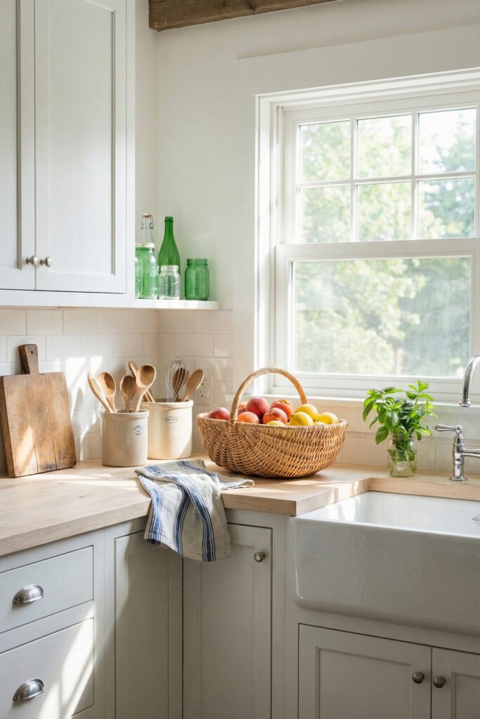 Summer Décor Ideas for an Airy, Collected Home 13 Bright farmhouse kitchen with butcher block counters, apron sink, wicker fruit basket, green bottles, and herb jar for easy summer decor.