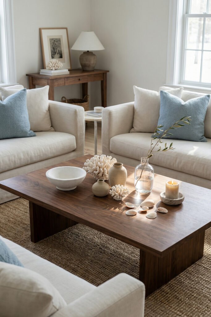 Coastal-inspired living room with cream armchairs, pale blue pillows, shells, coral decor, and a dark wood coffee table.
