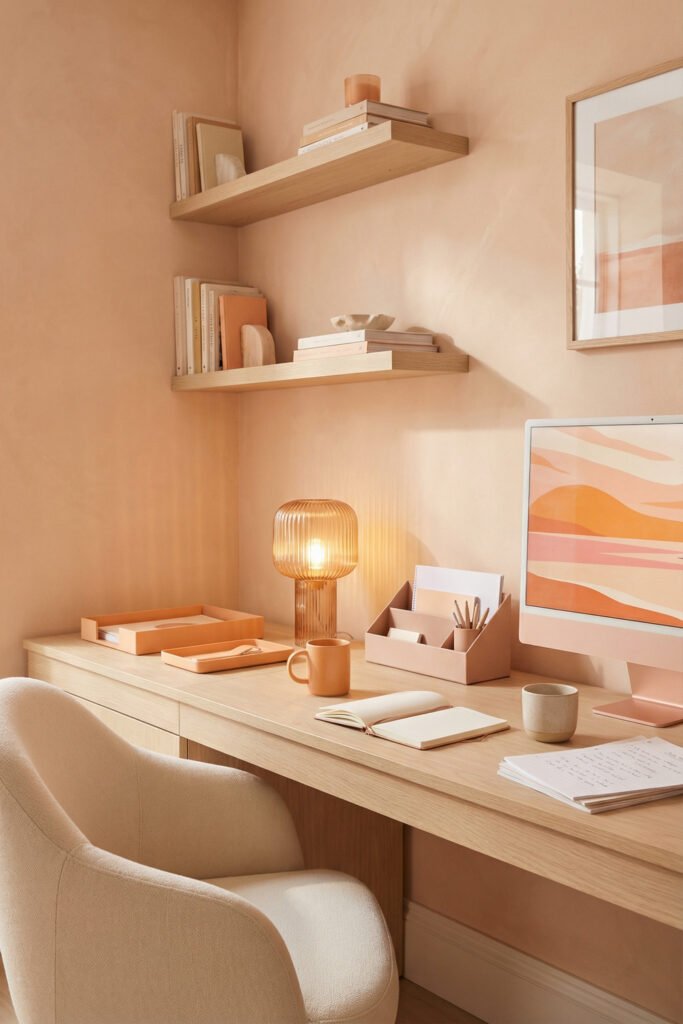 Peach-toned desk with floating shelves, amber lamp, soft office supplies, and warm monochrome styling for modern Summer Office Decor.
