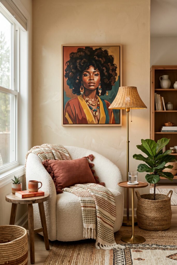 Warm neutral corner with Afro Art portrait above a boucle chair, woven lamp, small side table, potted fiddle leaf fig, and patterned rug accents
