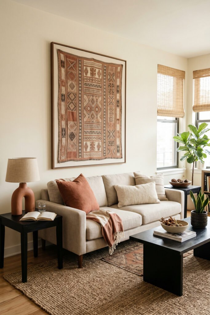 Light sofa with blush-rust pillows, framed textile art, terracotta lamp, black tables, and woven rug in a soft Afro Boho Decor living room.
