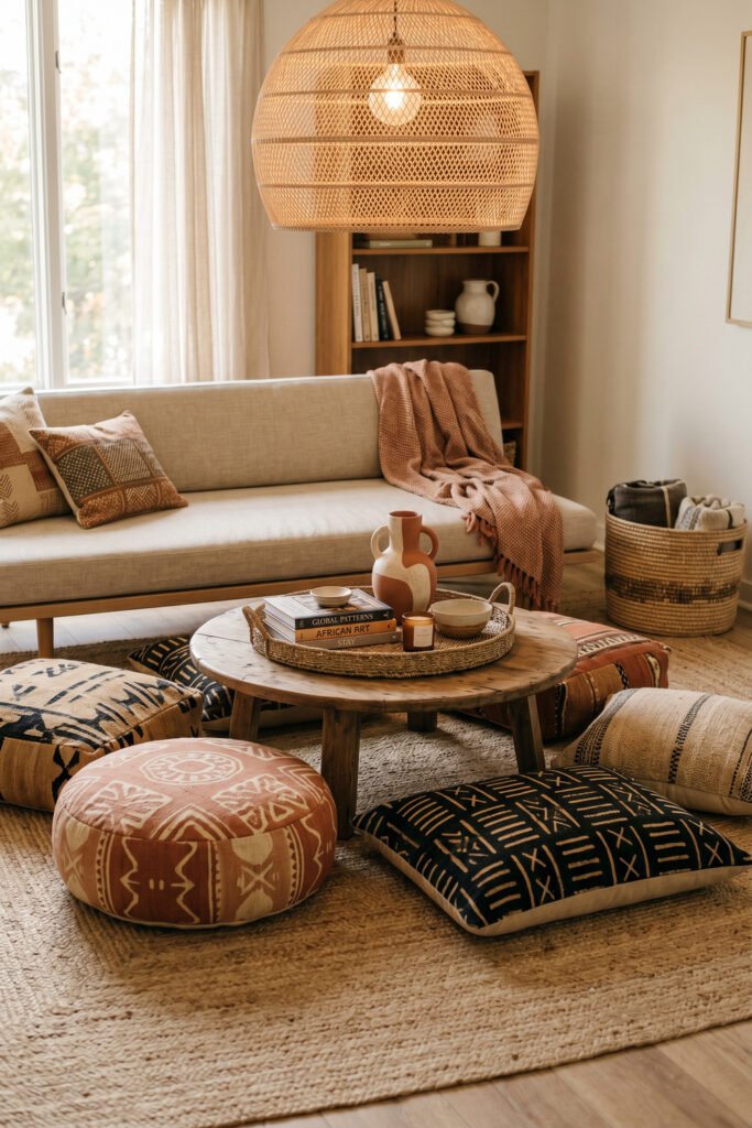 Afro Boho living room with round wood table, floor cushions, beige sofa, woven pendant, basket, and earthy pillows.
