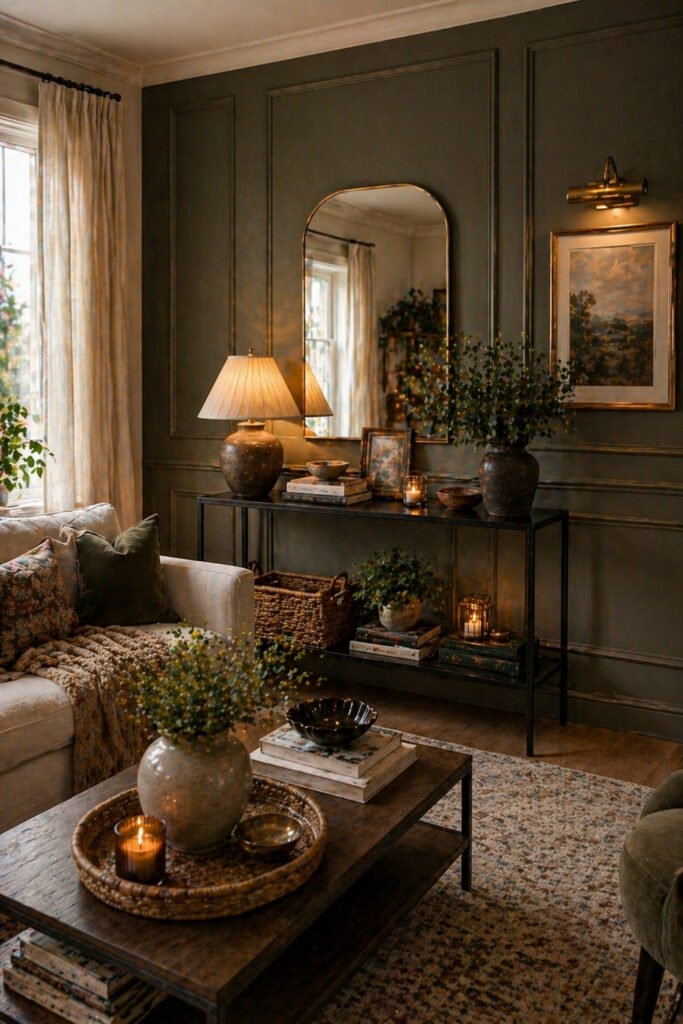 Dark paneled living room wall with mirror, console, candles, books, and warm apartment vibes decor ideas
