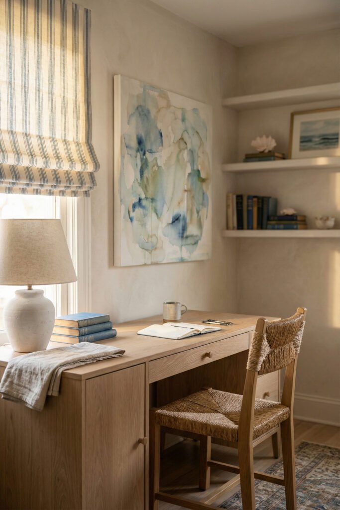 Coastal Summer Aesthetic Ideas for a Breezy Apartment 17 Warm neutral desk nook with woven chair, watercolor art, stacked books, and striped shade styled for a soft coastal summer aesthetic.