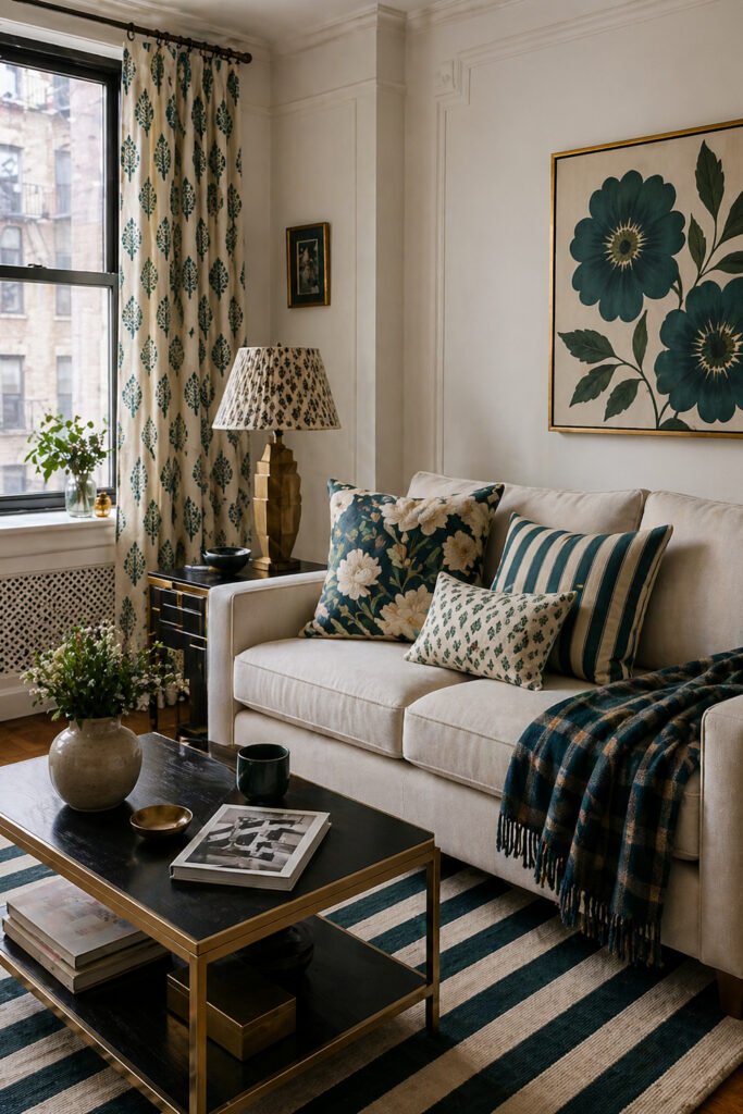Teal patterned living room with floral wall art, striped rug, mixed pillows, plaid throw, and decor ideas with personality
