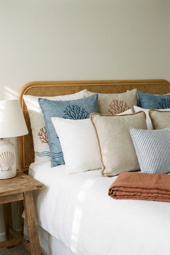 Diy Beach Decor That Feels Fresh for Summer 22 Rattan headboard with blue, coral, and striped pillows on crisp white bedding, cozy DIY beach decor for a summer bedroom.