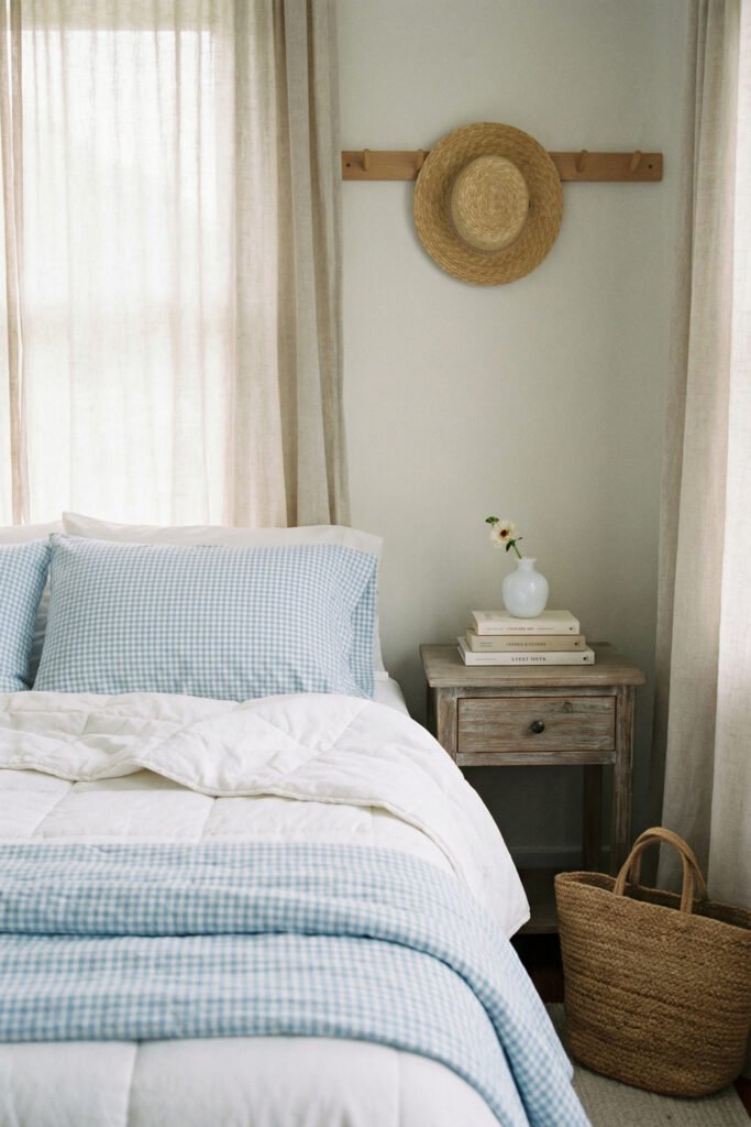 Bedroom corner with blue gingham bedding, rustic nightstand, linen curtains, straw hat wall hook, stacked books, and woven basket in farmhouse summer decor.
